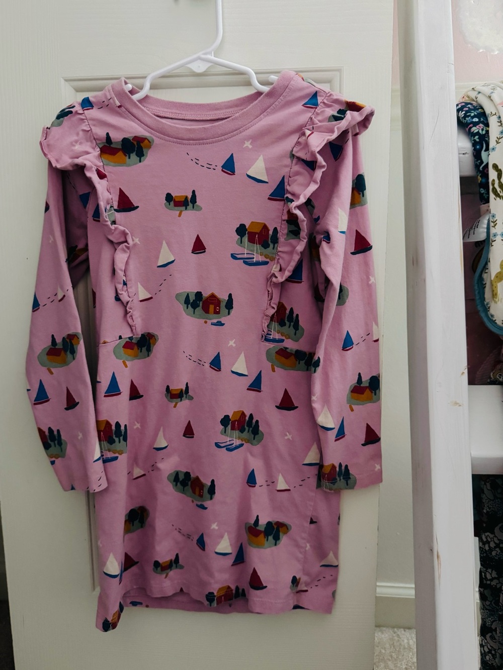 Tea Collection Pink Ruffle Long-Sleeve Island & Sailboat Dress